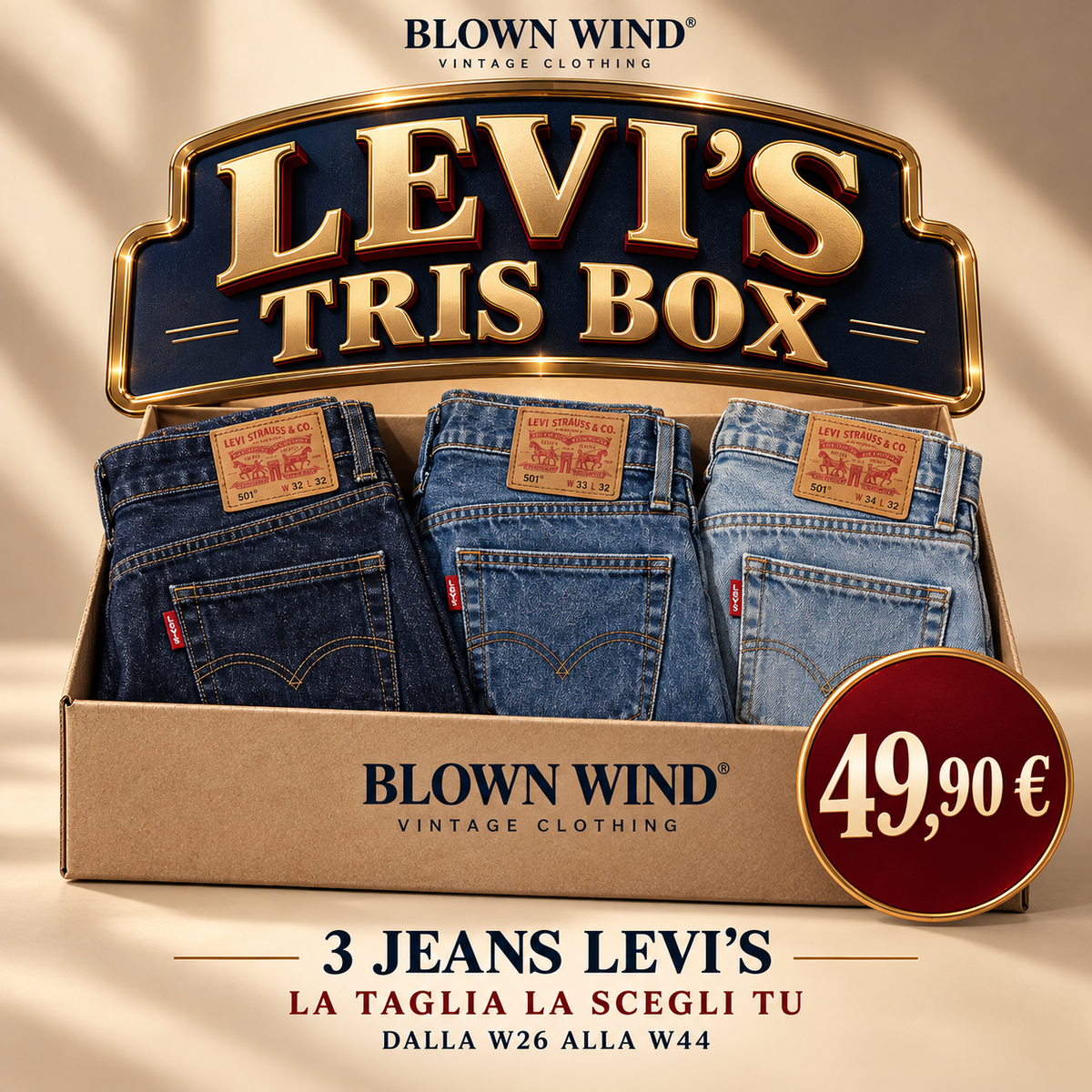 LEVI'S TRIS BOX: 3 jeans Levi's a 49,90 €, taglie W26–W44